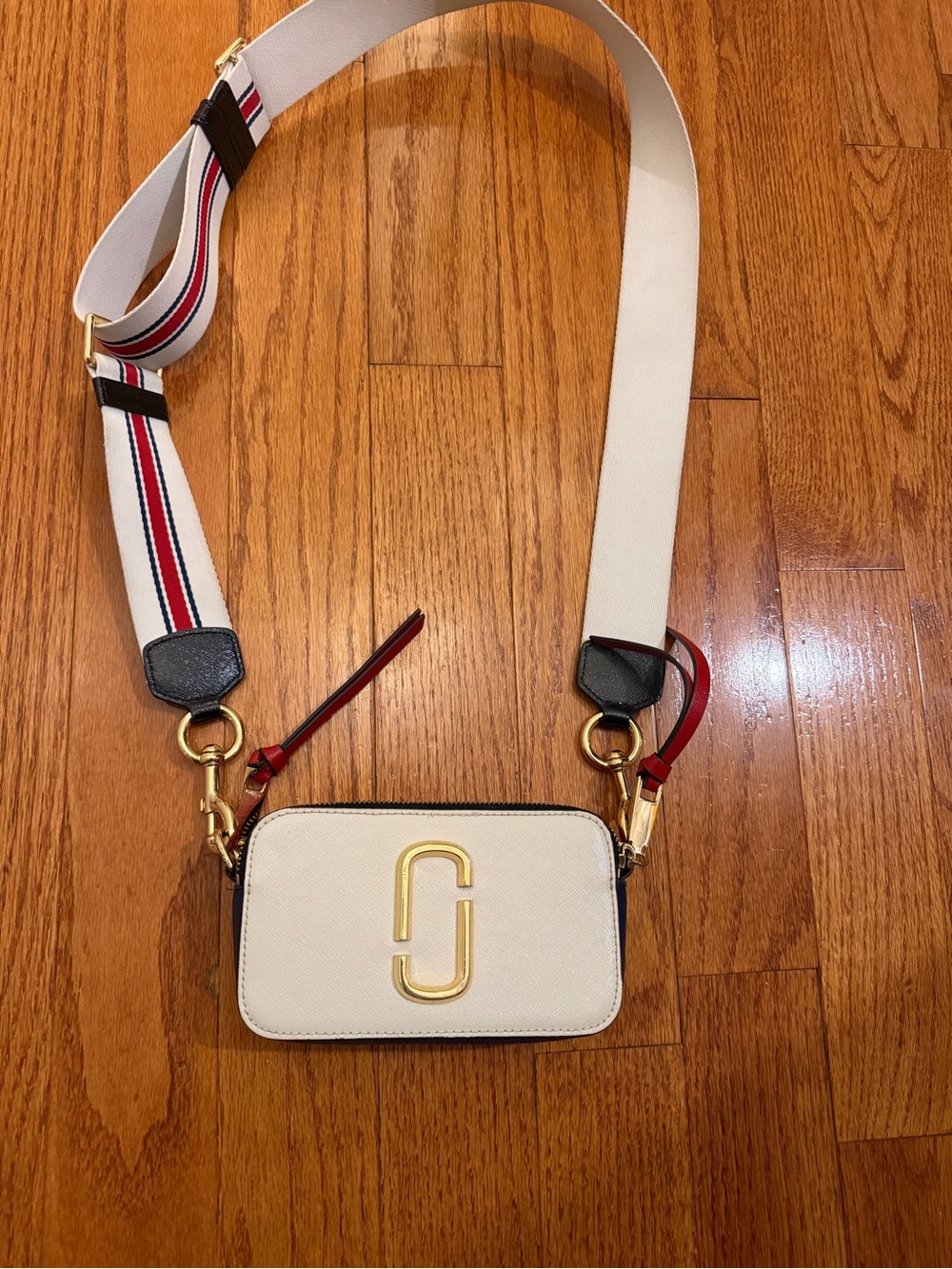 Marc Jacobs Cream Crossbody Camera Bag with Striped Webbing Strap